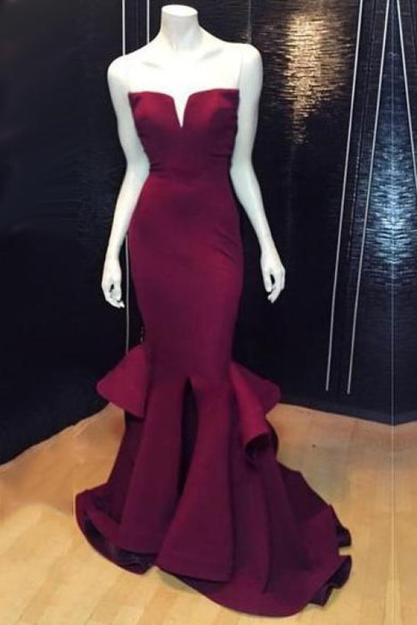 Bridelily Popular Burgundy Mermaid Long Evening Dress Sexy Simple Cheap Notched Slit Prom Gown CJ0397 - Prom Dresses