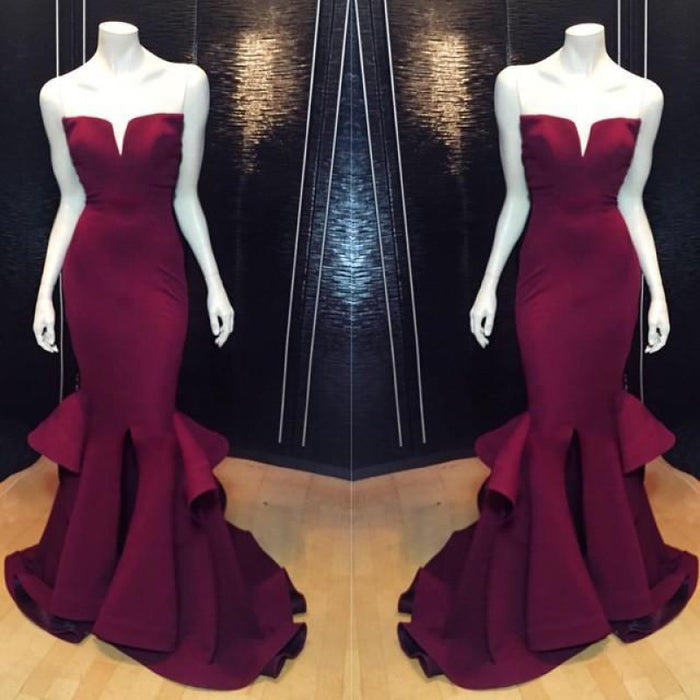 Bridelily Popular Burgundy Mermaid Long Evening Dress Sexy Simple Cheap Notched Slit Prom Gown CJ0397 - Prom Dresses