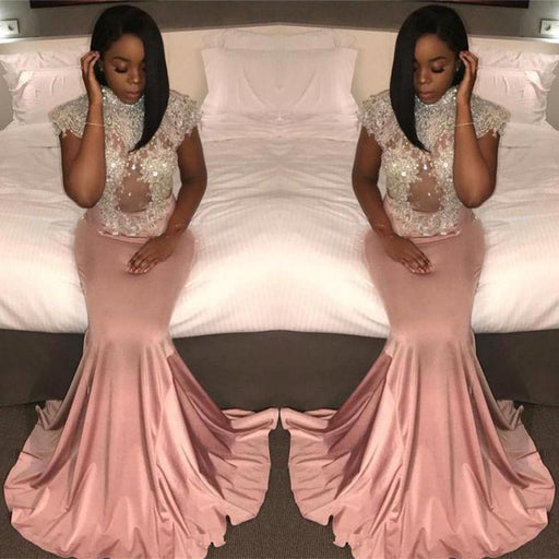 Bridelily Pretty Cap-Sleeve Crystal Mermaid High-Neck Prom Dress - Prom Dresses