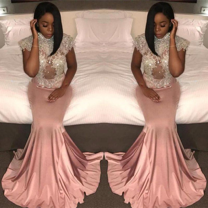 Bridelily Pretty Cap-Sleeve Crystal Mermaid High-Neck Prom Dress - Prom Dresses