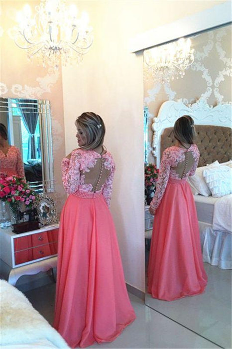 Bridelily Royal Blue Lace V Neck Popular Evening Dress with Long Sleeve Pearl Belt Long Prom Dresses BMT017 - Prom Dresses