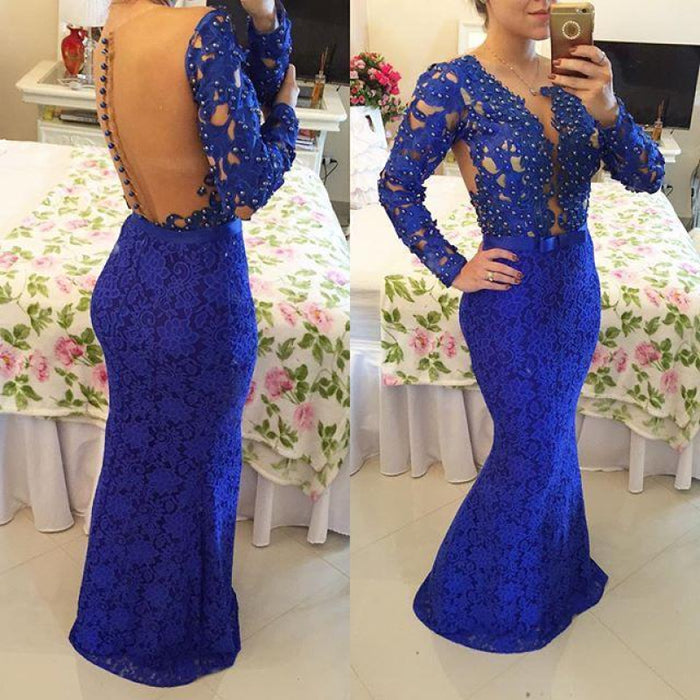 Bridelily Royal Blue Long Sleeves Lace Evening Gowns 2019 Mermaid Sheer Illusion Prom Dresses - Prom Dresses