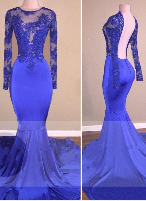 Bridelily Royal-Blue Long-Sleeves Open-Back Mermaid Shiny Sheer Prom Dresses - Prom Dresses
