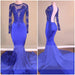 Bridelily Royal-Blue Long-Sleeves Open-Back Mermaid Shiny Sheer Prom Dresses - Prom Dresses