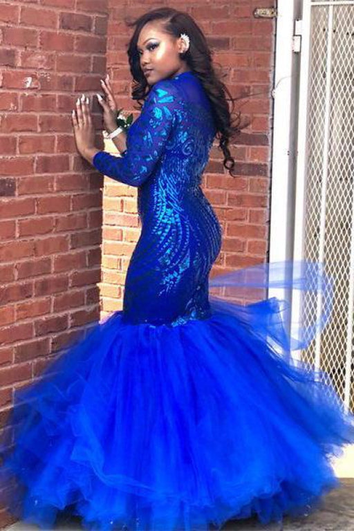 Bridelily Royal-Blue Mermaid Prom Dress | Long Sleeve Sequins Party Gowns BK0 - Prom Dresses