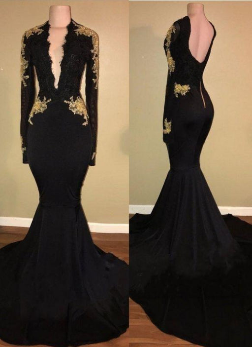 Bridelily Sexy Black and Gold Prom Dresses | Deep V-Neck Long Sleeves Evening Gowns - Prom Dresses