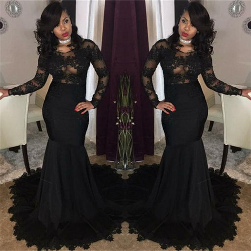 Bridelily Sexy Black Lace Tulle Prom Dresses | Mermaid Long Sleeve Cheap Evening Gown 2019 FB0277 - Prom Dresses