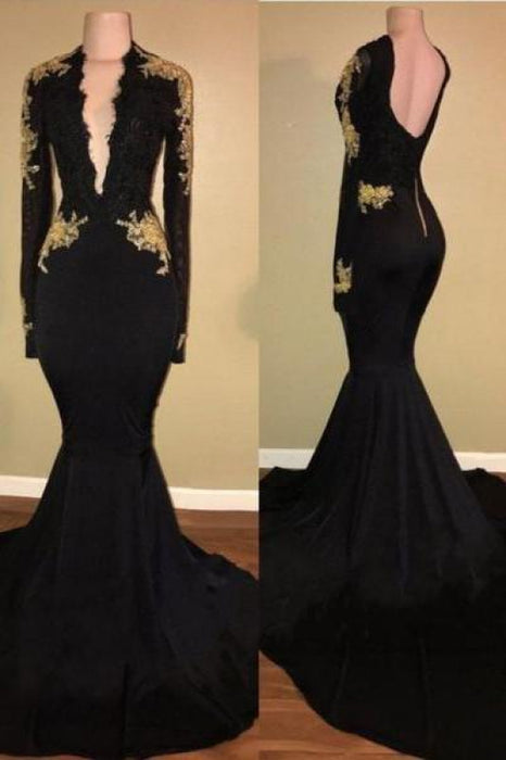 Bridelily Sexy Black Long-Sleeve Lace Mermaid Zipper Prom Dress - Prom Dresses