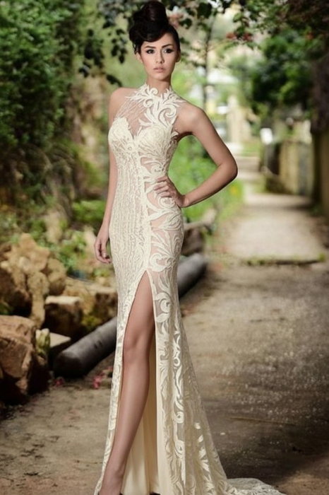 Bridelily Sexy Ivory Prom Dress | Mermaid Evening Dress With Slit - Prom Dresses