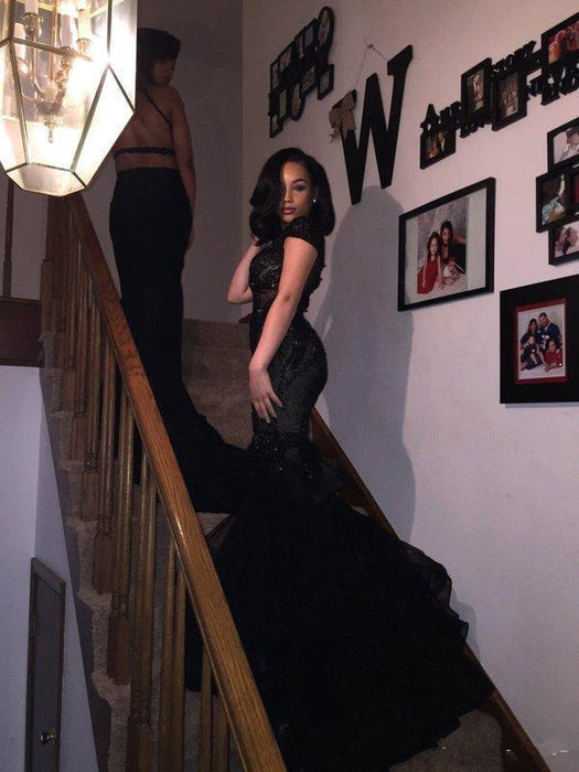 Bridelily Sexy Black Tulle Appliques Short-Sleeves Beadings Mermaid Prom Dress - Prom Dresses