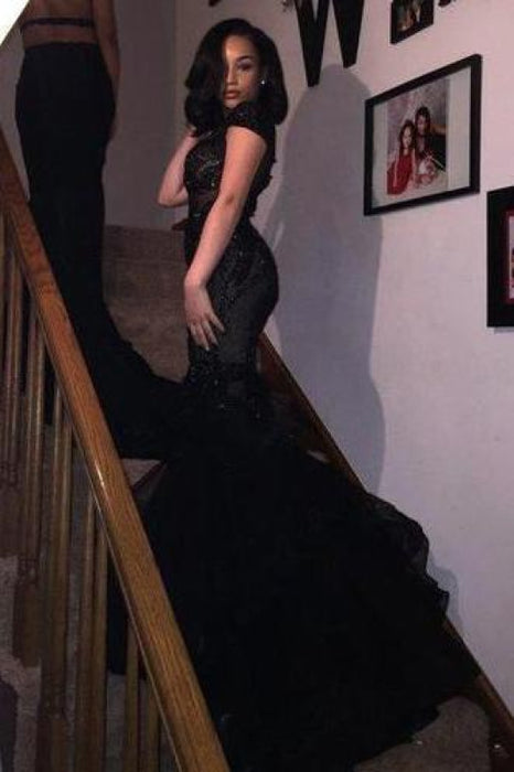 Bridelily Sexy Black Tulle Appliques Short-Sleeves Beadings Mermaid Prom Dress - Prom Dresses