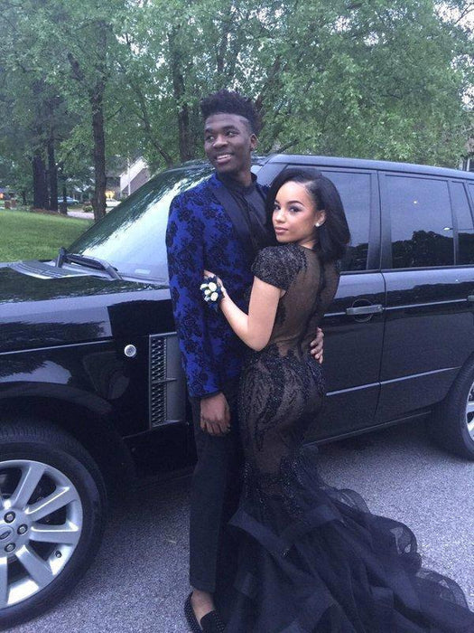 Bridelily Sexy Black Tulle Appliques Short-Sleeves Beadings Mermaid Prom Dress - Prom Dresses