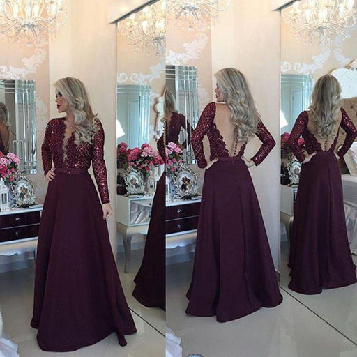 Bridelily Sexy Burgundy Long-Sleeves Lace A-Line Beadings Prom Dress - Prom Dresses