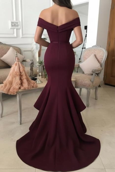 Bridelily Sexy Burgundy Mermaid Prom Dresses Off-the-Shoulder Side Slit Evening Dresses - Prom Dresses