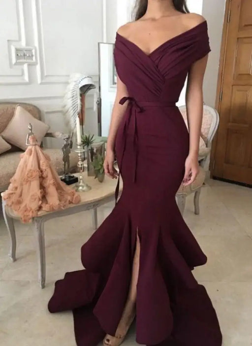 Bridelily Sexy Burgundy Mermaid Prom Dresses Off-the-Shoulder Side Slit Evening Dresses - Prom Dresses