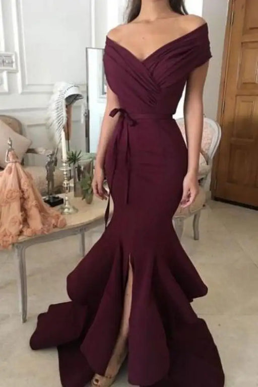 Bridelily Sexy Burgundy Mermaid Prom Dresses Off-the-Shoulder Side Slit Evening Dresses - Prom Dresses