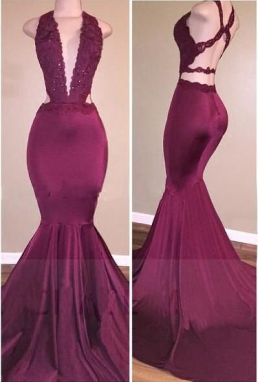 Bridelily Sexy Deep-V-Neck Beading Cross-Back Mermaid Prom Dresses - Prom Dresses