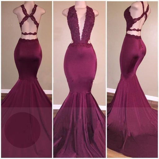 Bridelily Sexy Deep-V-Neck Beading Cross-Back Mermaid Prom Dresses - Prom Dresses