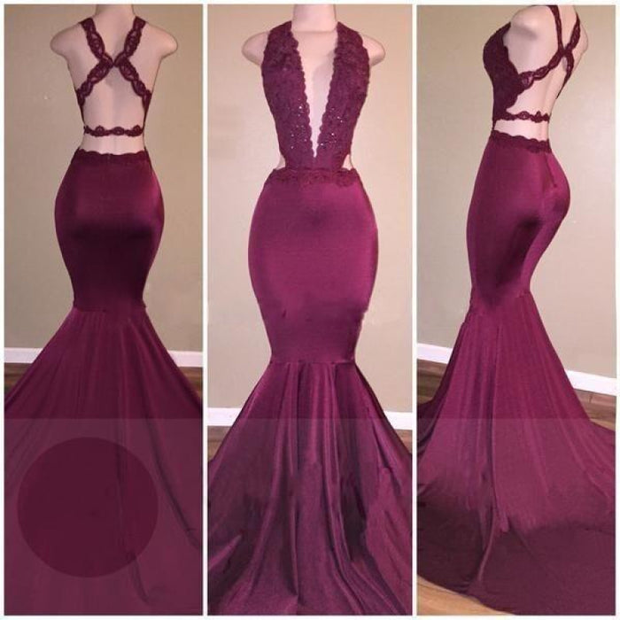 Bridelily Sexy Deep-V-Neck Beading Cross-Back Mermaid Prom Dresses - Prom Dresses