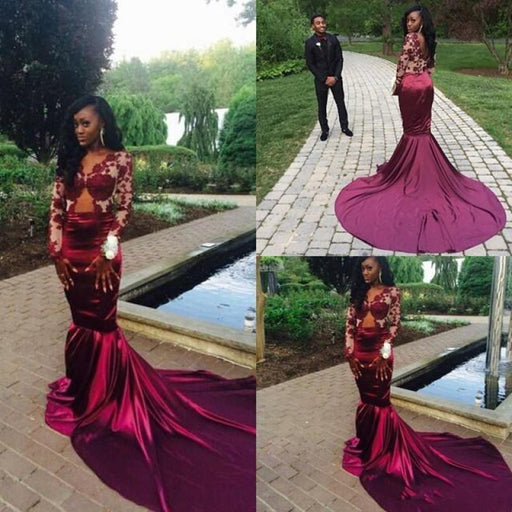 Bridelily Sexy Long-Sleeve Velvet Mermaid Sweep-Train Lace Prom Dress - Prom Dresses