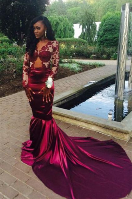 Bridelily Sexy Long-Sleeve Velvet Mermaid Sweep-Train Lace Prom Dress - Prom Dresses