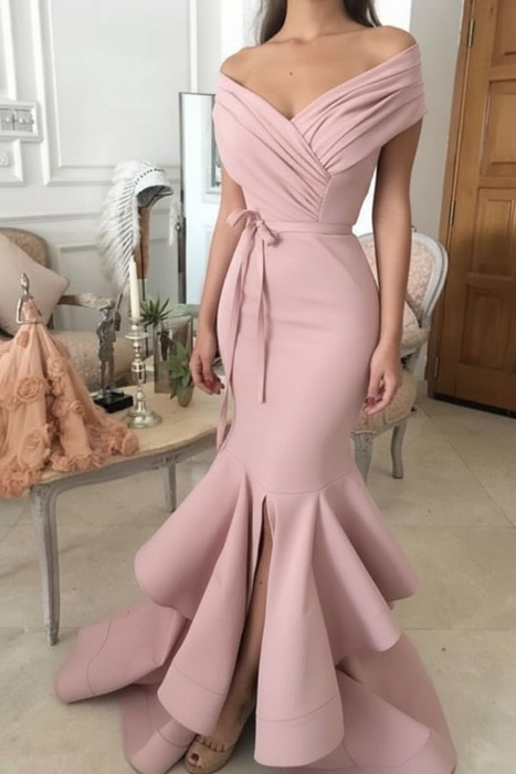 Bridelily Sexy Blush Pink Mermaid Prom Dresses Off-the-Shoulder Side Slit Evening Dresse