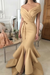 Bridelily Sexy Gold Mermaid Prom Dresses Off-the-Shoulder Side Slit Evening Dresses