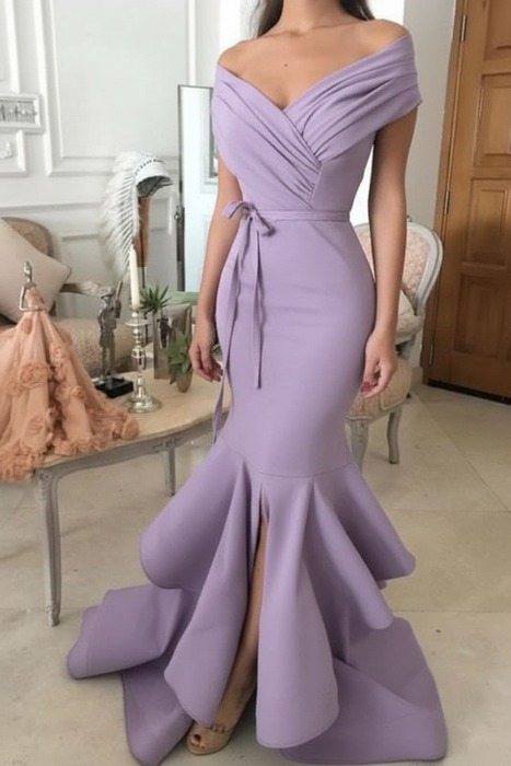 Bridelily Sexy Lilac Mermaid Prom Dresses Off-the-Shoulder Side Slit Evening Dresse