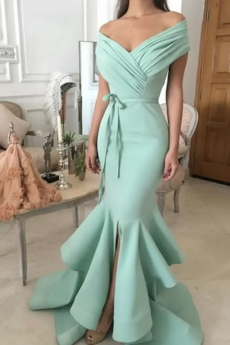 Bridelily Sexy Mint Mermaid Prom Dresses Off-the-Shoulder Side Slit Evening Dresse