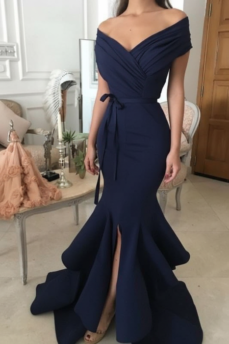 Bridelily Sexy Navy Mermaid Prom Dresses Off-the-Shoulder Side Slit Evening Dresses
