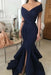 Bridelily Sexy Navy Mermaid Prom Dresses Off-the-Shoulder Side Slit Evening Dresses