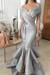 Bridelily Sexy Silver Mermaid Prom Dresses Off-the-Shoulder Side Slit Evening Dresses