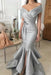 Bridelily Sexy Silver Mermaid Prom Dresses Off-the-Shoulder Side Slit Evening Dresses