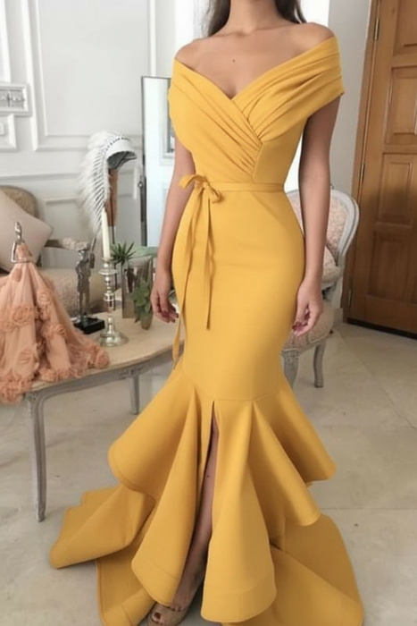 Bridelily Sexy Yellow Mermaid Prom Dresses Off-the-Shoulder Side Slit Evening Dresses