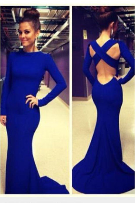 Bridelily Sexy Prom Dresses Long Sleeve Jewel Elegant Sweep Train Cross Back Blue Satin Evening Gowns - Prom Dresses
