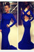 Bridelily Sexy Prom Dresses Long Sleeve Jewel Elegant Sweep Train Cross Back Blue Satin Evening Gowns - Prom Dresses