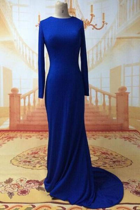 Bridelily Sexy Prom Dresses Long Sleeve Jewel Elegant Sweep Train Cross Back Blue Satin Evening Gowns - Prom Dresses