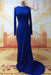 Bridelily Sexy Prom Dresses Long Sleeve Jewel Elegant Sweep Train Cross Back Blue Satin Evening Gowns - Prom Dresses
