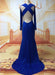 Bridelily Sexy Prom Dresses Long Sleeve Jewel Elegant Sweep Train Cross Back Blue Satin Evening Gowns - Prom Dresses