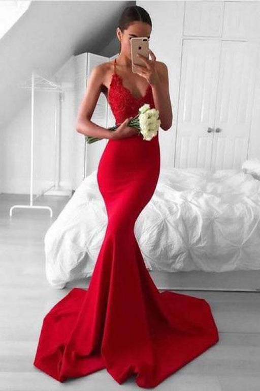 Bridelily Sexy Red V-Neck Lace Mermaid Lace Long Prom Dress - Prom Dresses