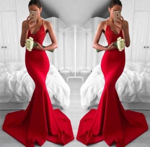Bridelily Sexy Red V-Neck Lace Mermaid Lace Long Prom Dress - Prom Dresses