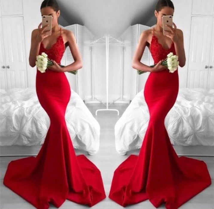 Bridelily Sexy Red V-Neck Lace Mermaid Lace Long Prom Dress - Prom Dresses