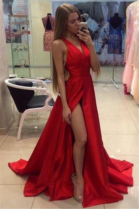 Bridelily Sexy Side Slit Prom Dresses Cheap V-neck Stretch Satin 2019 Evening Gowns CE0015 - Prom Dresses