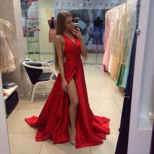 Bridelily Sexy Side Slit Prom Dresses Cheap V-neck Stretch Satin 2019 Evening Gowns CE0015 - Prom Dresses