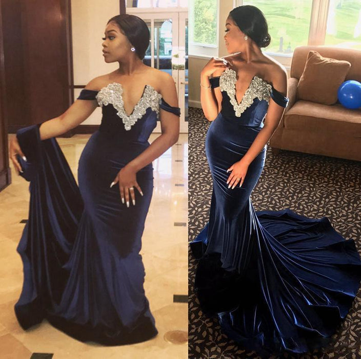 Bridelily Sexy V Neck Crystal Mermaid Off Shoulder Beaded Velvet Prom Dresses - Prom Dresses