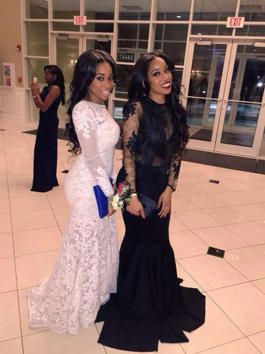 Bridelily Sexy White Lace Mermaid Backless Prom Dresses 2019 Long Sleeve Evening Dress - Prom Dresses