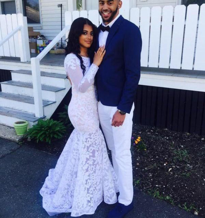 Bridelily Sexy White Lace Mermaid Backless Prom Dresses 2019 Long Sleeve Evening Dress - Prom Dresses