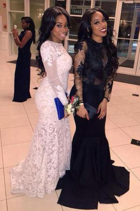 Bridelily Sexy White Lace Mermaid Backless Prom Dresses 2019 Long Sleeve Evening Dress - Prom Dresses