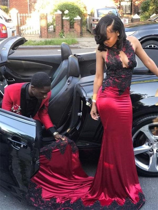 Bridelily Sheath Jewel Sleeveless Sweep/Brush Train With Applique Satin Dresses - Prom Dresses