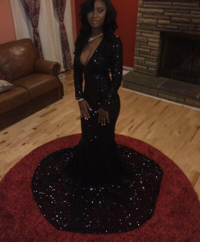 Black Sequin Long Sleeve Mermaid Prom Dress Deep V-Neck